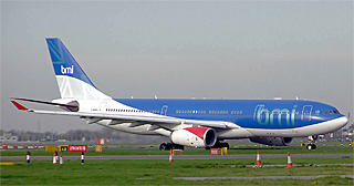 bmi Airbus A330-200 (G-WWBB) in the take off queue at London (Heathrow) Airport, England.Photographed by Adrian Pingstone in November 2005 and released to the public domain.